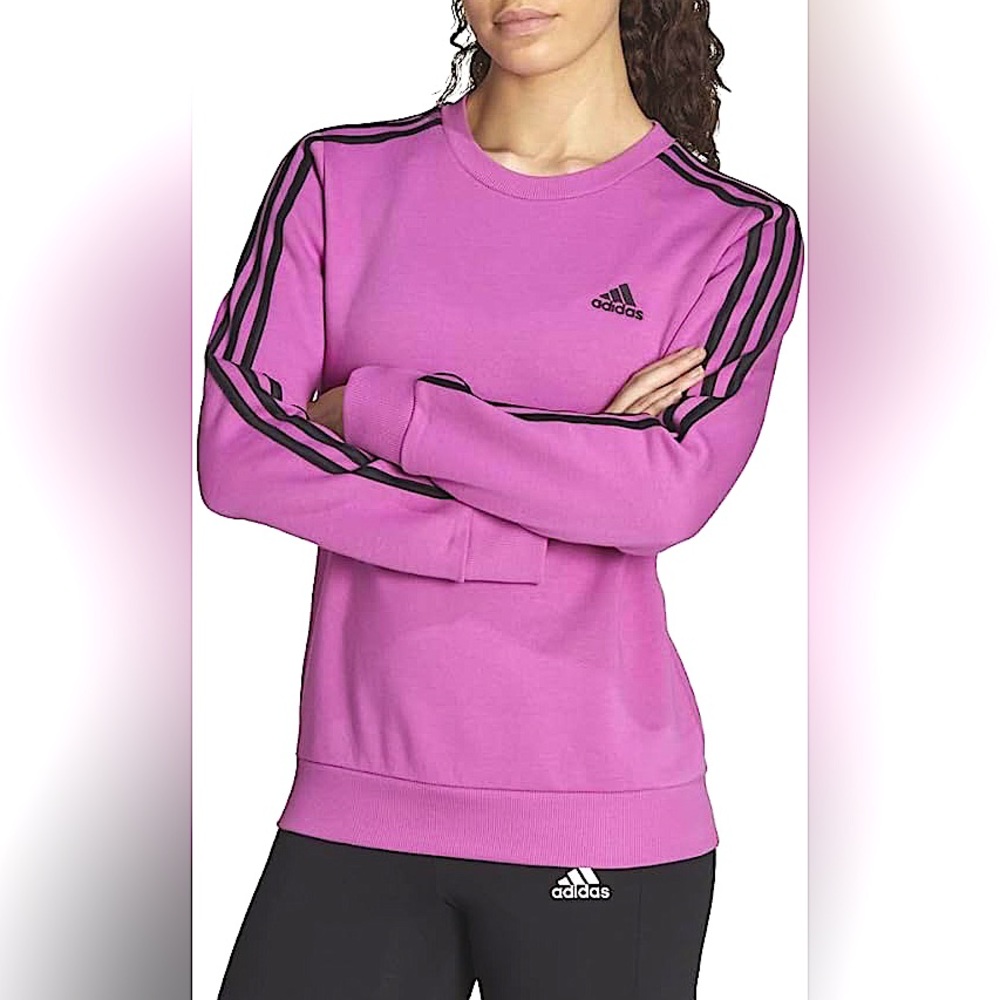 ADIDAS 🩷🖤hot pink and black 3 stripe essential crew neck pullover sweater NWT